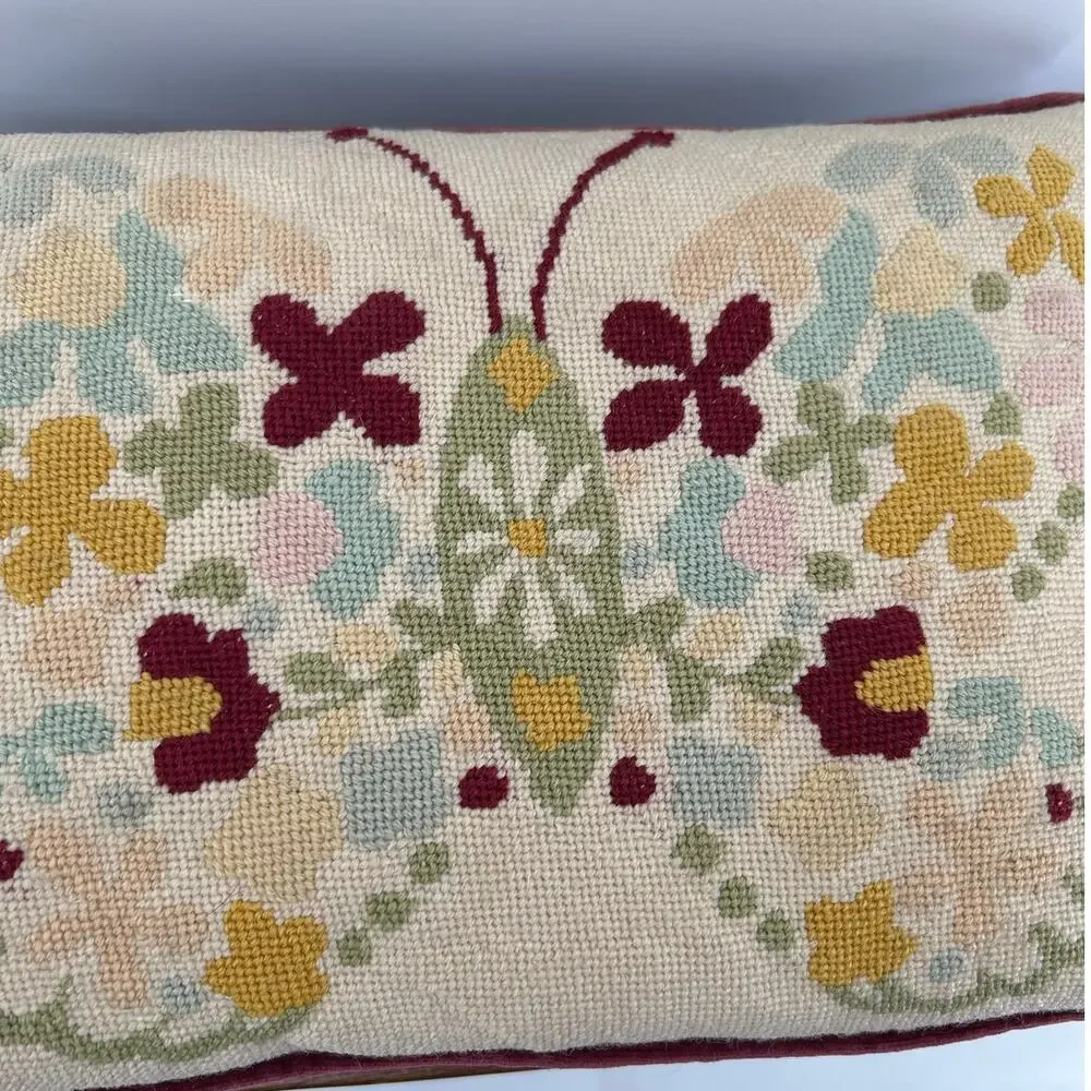 Vintage Needlepoint Charming Butterfly Throw Pillow Multicolor Beige Velvet Back